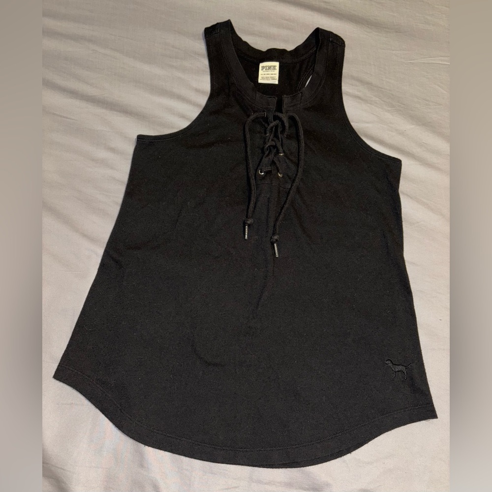 Victoria’s Secret PINK Black Tie-Up Grommet Eyelets Tank Top Size XS Oversized